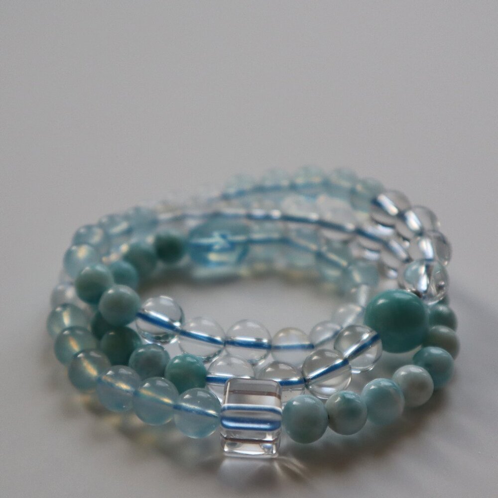 Handmade Larimar Aquamarine Turquoise Blue Moonstone Clear Quartz Bracelet